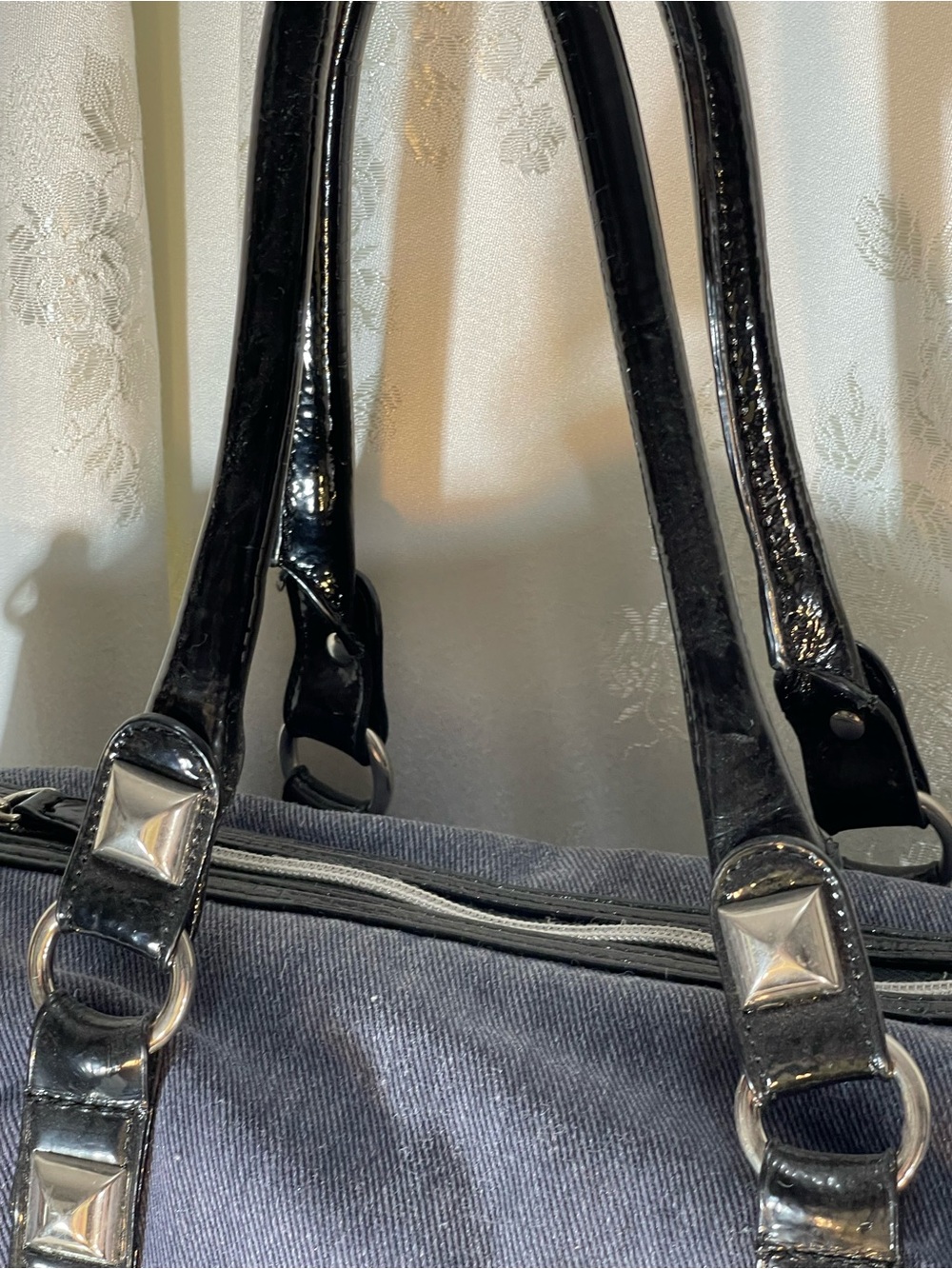 BetseyJohnson Studded Denim Barrel Bag with Patent Trim - Picture 2 of 16
